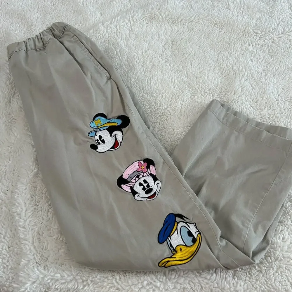 Vtg Disney Khaki Drawstring Pants 38 Embroidered Fun Streetwear Granola Tomato - Picture 1 of 7